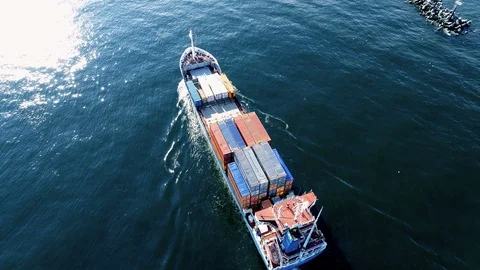 Small Cargo Container Ship, Aerial Pan Around Shot Video stock 91125630