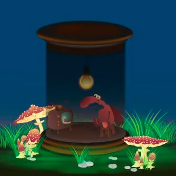 A small cartoon cockroach sits on a stool and watches TV in a glass jar with  Stock Illustration