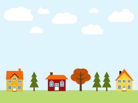 Small cartoon town vector - cute village illustration. Residential suburb. Stock Illustration