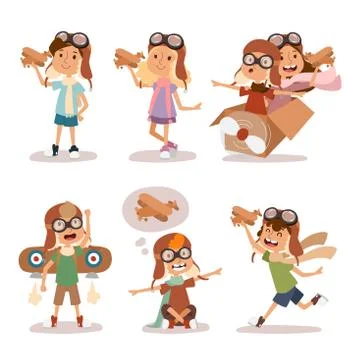 Small cartoon vector kids playing pilot aviation, dreams Stock Illustration