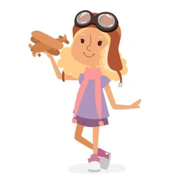 Small cartoon vector kids playing pilot aviation, dreams Stock Illustration