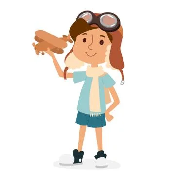 Small cartoon vector kids playing pilot aviation, dreams Stock Illustration