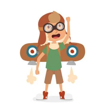 Small cartoon vector kids playing pilot aviation, dreams Stock Illustration