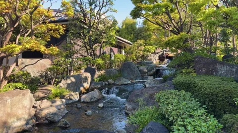 A small cascade waterfall flows over large rocks in Mejiro Garden. Stock Footage 334578903