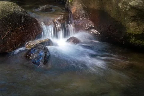 A small, cascading waterfall flows over smooth, mossy rocks in a lush, gree.. Stock Photos