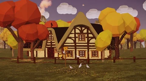 Small chalet house Autumn Leaf fall Forest Cartoon low poly Sunrise.mp4 Stock Footage 57321748