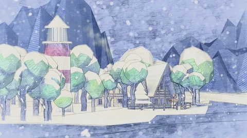 Small chalet house on the coast Lighthouse Winter snowfall Cartoon lowpoly Stock Footage 57321068