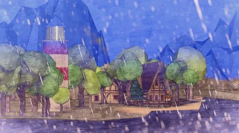 Small chalet house on the coast Lighthouse Rain Cartoon lowpoly Colorfull Stock Footage 57321145