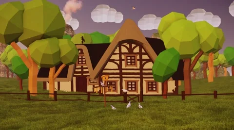 Small chalet house Summer Forest Cartoon low poly Sunrise Stock Footage 57321762