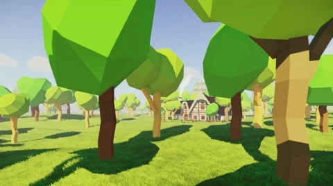 Small chalet house Summer Forest Cartoon low poly Walk around Stock Footage 57321768