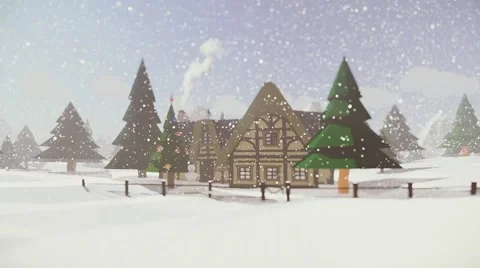 Small chalet house Winter Snowfall 3d animation Zooming Stock Footage 57321621