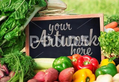Small chalkboard surrounded by vegetables template PSD Template