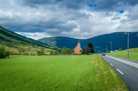 Small chapel in Norway fields Stock Photos