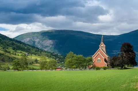 Small chapel in Norway fields 写真素材