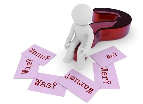 Small character sitting on a glossy red question mark, six sticky notes on the Stock Illustration