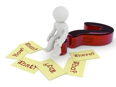 Small character sitting on a glossy red question mark, six sticky notes on the Stock Illustration