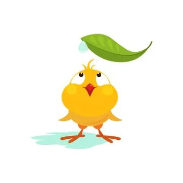 Small Chicken Looking at Leaf. Vector Illustration Illustrazione stock