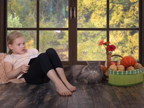 Small child with a book by the window. The interior of the home. The cat is l Stock Photos