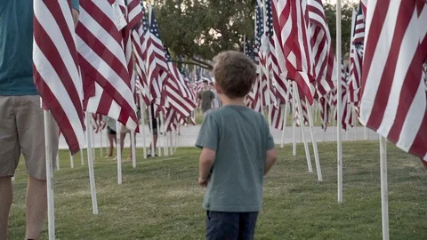 Small Child Boy Waling Slow Motion Through Nine Eleven  Flags in a Park Stock Footage