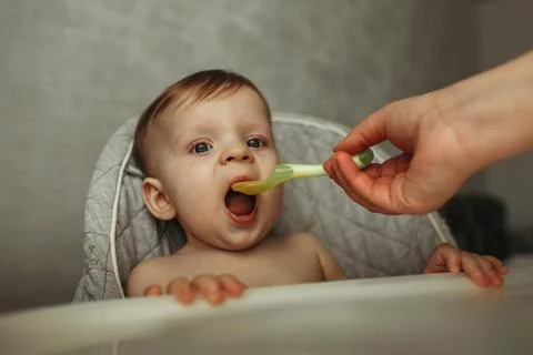 A small child eats vegetable puree. Mom feeds the baby Stock Photos
