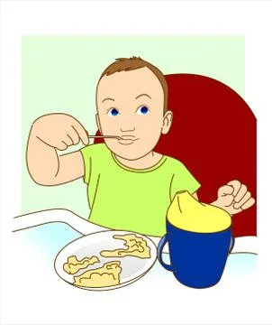 A small child himself eats with a spoon. Stock Illustration