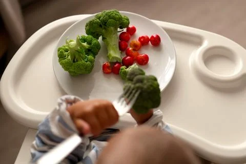 A small child holds a fork while sitting at a table. Broccoli and cherry to.. Stock Photos
