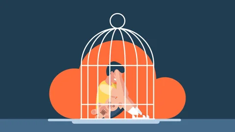 Small child hugs a teddy bear. Violence in family. Sad boy is locked up in cage Stock Footage 256449999