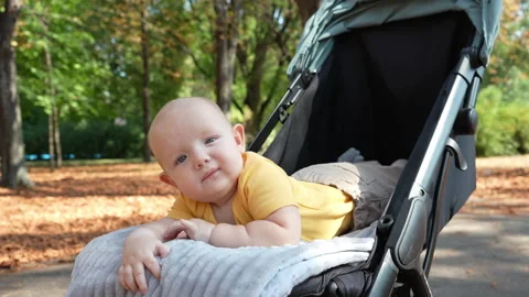 A small child lies on his stomach in a stroller and smiles playfully. Stock Footage 252181714
