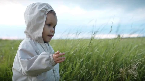 Small child playing with grass in the field. Stock Footage 77020340