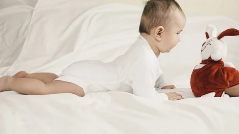 Small child playing successfully caught the rabbit Stockbeeldmateriaal 71487450