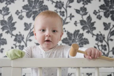 Small child in playpen Stock Photos