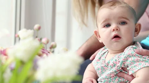 Small child sees flowers on the window closeup Stock Footage 48393452