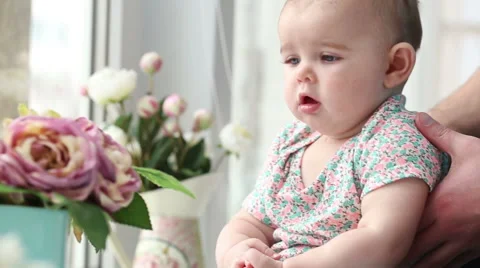 Small child sees flowers on the window closeup - dolly shot Stock Footage 48394311
