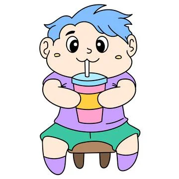 A small child is sitting cute drinking water from a glass, doodle icon image Stock-Illustration