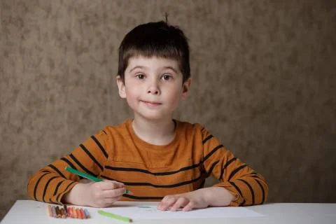 A small child is studying at the computer. Distance learning at home quarantine Stock Photos
