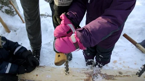 A small children with an axe Video stock 104131558