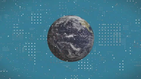 Small circle expanding into 3D globe, dots and squares pulsing and glitching for Stock Footage 310325597