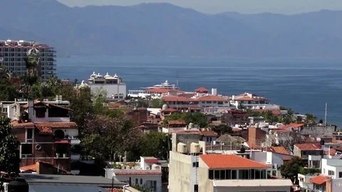 Small city bay area, ocean, mountains, houses Stock Footage 78007782