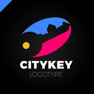 Small city Logo of the builder, house key isolated. Silhouette of the city'.. Stock Illustration