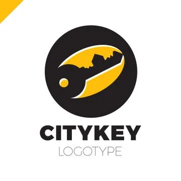 Small city Logo of the builder, house key isolated. Silhouette of the city'.. Stock Illustration