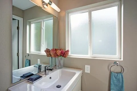 Small clean athroom features frameless mirror paired with small white vanity  Foto stock