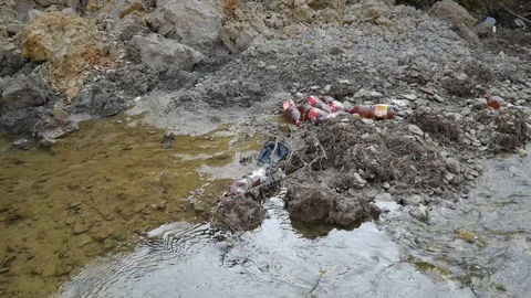 Small clean creek polluted with plastic beer bottles Stock Footage 105629884