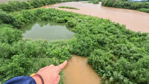 A small clean lake surrounded by dirty river water. POV a hand is pointing Video stock 252705901