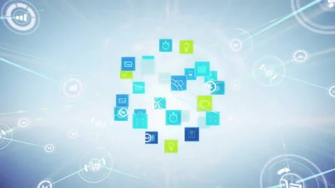 Small colored icons cluster appearing at center and pulsing while growing into Stock Footage 310298378