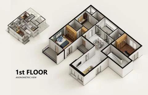 Small compact apartment isometric view 3d render Stock Illustration