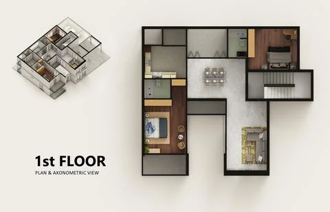 Small compact apartment isometric view 3d render Stock Illustration