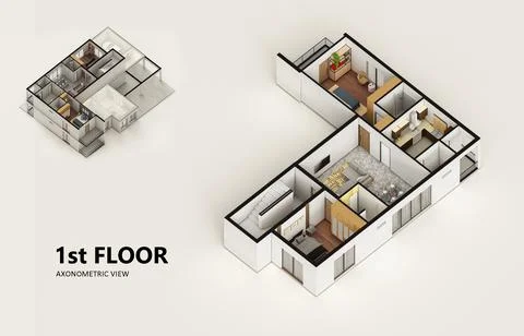Small compact apartment isometric view 3d render Stock Illustration