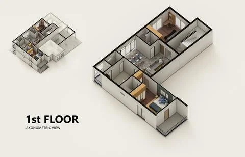 Small compact apartment isometric view 3d render Stock Illustration