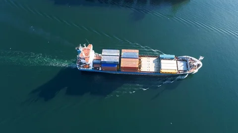Small Container Cargo Ship. Aerial Top Down View Video stock 91128506