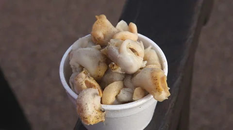 Small container of cooked whelks being eaten Stock Footage 942355